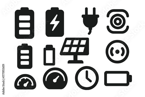 Battery Life Icons. Solid style icons of battery life: battery pack, charging arrow, plug, power bar, solar panel, wireless coil,