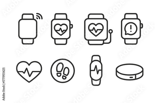 Wearable Tech Icons. Line style icons of Wearable Tech: Wearable Tech, Smartwatch, Health Monitor, Notification, Heart Rate Icon,