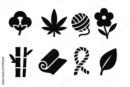 Natural Fiber Icons. Solid style icons of natural fibers: cotton flower, hemp leaf, wool ball, flax plant, bamboo, fabric roll,