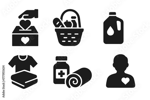 Humanitarian Aid Icons. Solid style icons of humanitarian aid: donation box, food basket, water jug, heart hands, clothes,