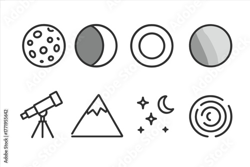 Lunar Eclipse Icons. Line style icons of Lunar Eclipse: Full Blood Moon, Shadow Layer, Umbra Outline, Penumbra Gradient, Telescope