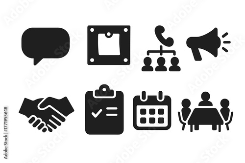 Grassroots Organizing Icons. Solid style icons of grassroots organizing: speech bubble, bulletin board, phone tree, megaphone,