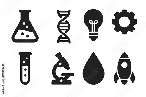 Innovation Icons Collection. Solid style icons of innovation: laboratory flask, DNA strand, lightbulb, gear, test tube, microscope