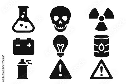 Hazardous Waste Icons. Solid style icons of hazardous waste: chemical flask, skull symbol, radioactive sign, battery, lightbulb,