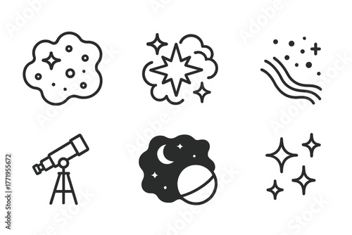 Nebula Icon Collection. Line style icons of Nebula: Interstellar Cloud, Star Birth, Gas Stream, Dust Particles, Telescope Stand,