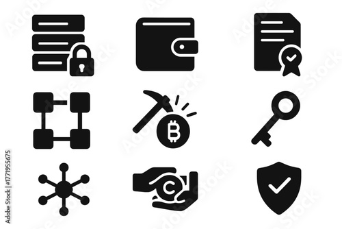 Blockchain Security Icons. Solid style icons of Blockchain Security: digital ledger, crypto wallet, smart contract, hash chain,