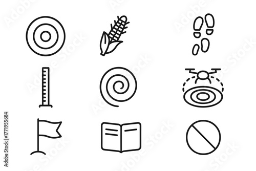 Crop Circle Symbols. Line style icons of Crop Circle: Ring Pattern, Flattened Corn, Footprint Trail, Measuring Stick, Spiral