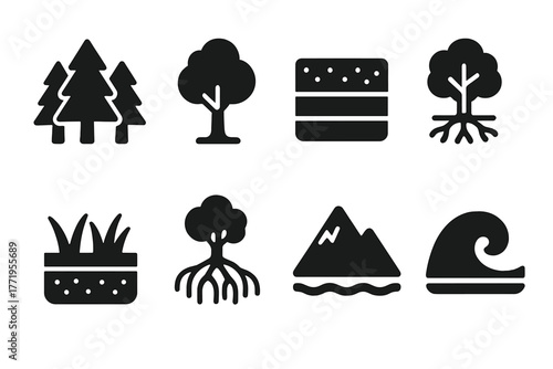 Natural Sequestration Icons. Solid style icons of natural sequestration: forest, tree, soil layers, roots, grassland, mangrove,
