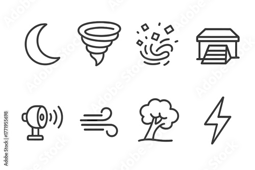 Tornado Night Icons. Line style icons of Tornado Night: Moon, Funnel Cloud, Debris, Storm Cellar, Warning Siren, Wind, Tree,