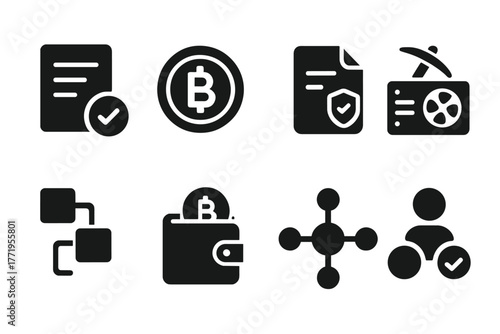 Blockchain Icons Collection. Solid style icons of Blockchain: digital ledger, crypto coin, smart contract, mining rig, hash chain,