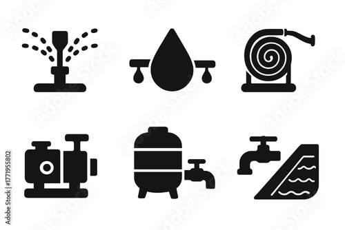 Irrigation System Icons. Solid style icons of irrigation systems: sprinkler, drip line, water droplet, hose reel, pump, tank,