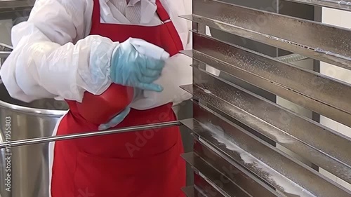 In a commercial kitchen, a person wearing a white protective suit, blue gloves and a red apron applies sanitizing spray to a large, stainless steel storage rack.