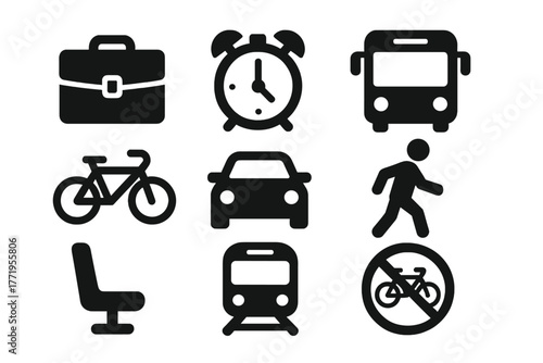 Daily Commute Icons. Solid style icons of daily commute: briefcase, alarm clock, bus, bicycle, car, walking figure, seat, train,