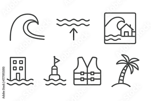 Tsunami Line Icons. Line style icons of Extreme Tsunami: Wave, Receding Water, Inundation Zone, Coastal Building, Warning Buoy,