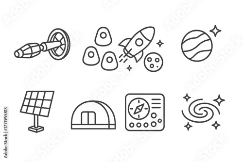 Interstellar Generation Ship. Line style icons of Generation Ship: Interstellar Ark, Crew Pods, Journey Through Space, New Planet,