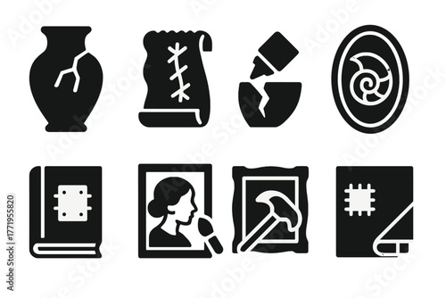 Artifact Repair Icons. Solid style icons of artifact repair: cracked vase, stitched fabric, glued fragment, sealed fossil, patched