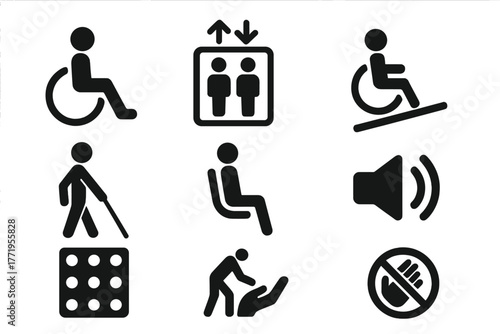 Accessibility Icons Set. Solid style icons of accessibility in transit: wheelchair, elevator, ramp, guiding cane, priority seat,