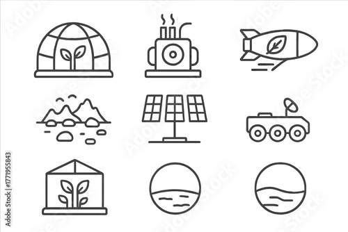 Terraforming Elements Icons. Line style icons of Terraforming: Habitat Dome, Atmosphere Generator, Seed Ship, Alien Terrain, Solar