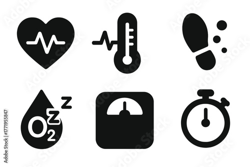 Health Monitor Icons. Solid style icons of health monitors: heart rate, ECG line, thermometer, step counter, oxygen droplet, sleep