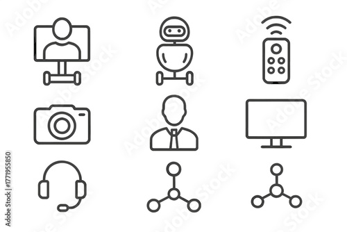 Telepresence Icon Set. Line style icons of Telepresence: Telepresence, Robot, Remote Control, Camera, Operator, Monitor Screen,