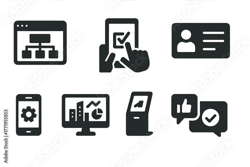 Digital Governance Icons. Solid style icons of Digital Governance: online portal, e-voting, digital ID, open data, service app,