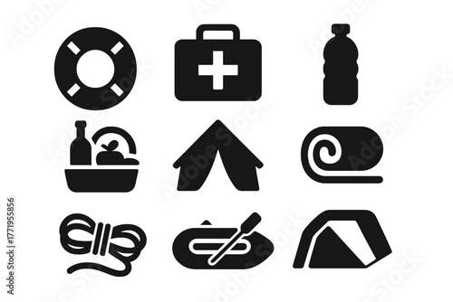 Humanitarian Aid Icons. Solid style icons of humanitarian aid: lifebuoy, first aid kit, water bottle, food basket, emergency tent,