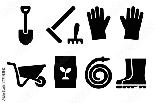 Gardening Tools Icons. Solid style icons of planting tools: spade, hoe, rake, gloves, wheelbarrow, seed bag, watering hose, boots,