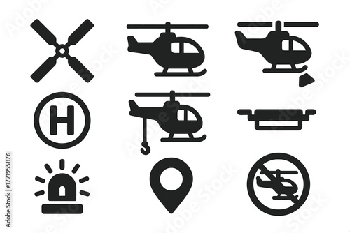 Helicopter Icon Set. Solid style icons of helicopters: rotor blades, cockpit, spotlight, landing pad, rescue rope, stretcher,