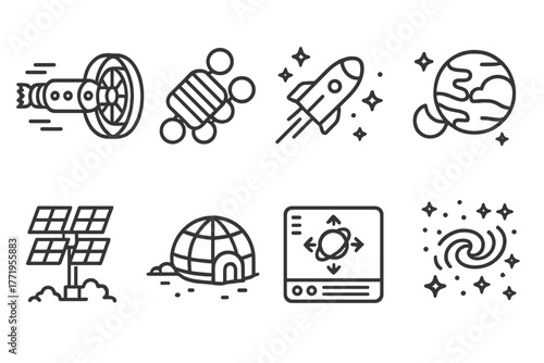 Interstellar Generation Ship. Line style icons of Generation Ship: Interstellar Ark, Crew Pods, Journey Through Space, New Planet,