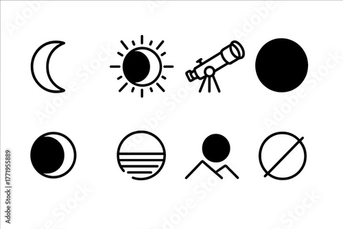 Solar Eclipse Icons. Line style icons of Solar Eclipse: Crescent Shadow, Corona Flare, Telescope Lens, Moon Silhouette, Eclipse