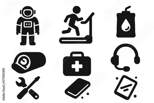 Astronaut Life Essentials. Solid style icons of Astronaut Life: EVA suit, space treadmill, rehydrated food, sleeping pod, medical