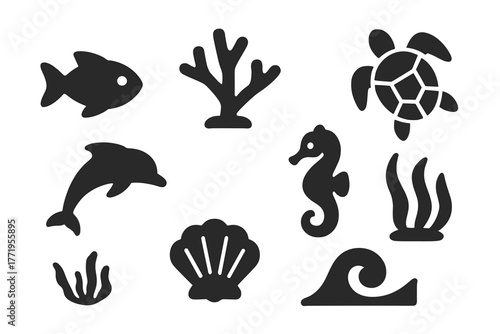 Marine Health Icons. Solid style icons of marine health: fish, coral, turtle, dolphin, seahorse, seaweed, shell, wave, No text, No