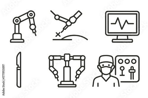 Robotic Surgery Icons. Line style icons of Robotic Surgery: Arm, Precision, Incision, Monitor, Scalpel, Robotic Assistant, Medical