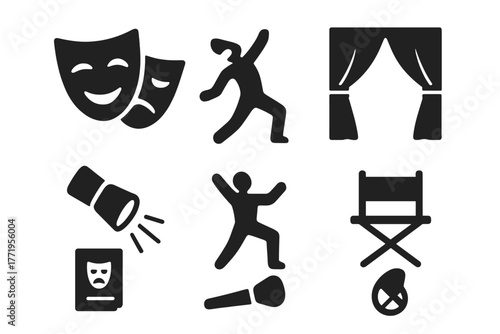 Theatrical Icons Collection. Solid style icons of Theatrical Expression: comedy mask, tragedy mask, stage curtain, spotlight beam,