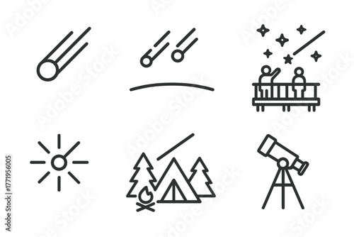 Meteor Shower Icons. Line style icons of Meteor Shower: Streaking Meteor, Dark Horizon, Observation Deck, Starry Sky, Radiant