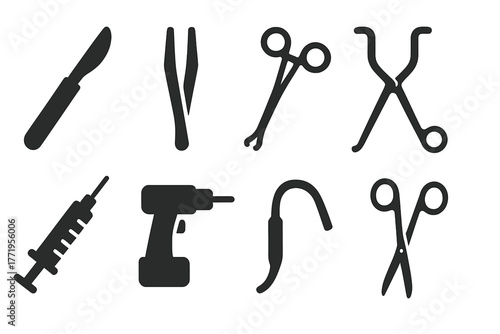 Surgical Instrument Icons. Solid style icons of surgical instruments: scalpel, forceps, clamp, retractor, syringe, drill, suction