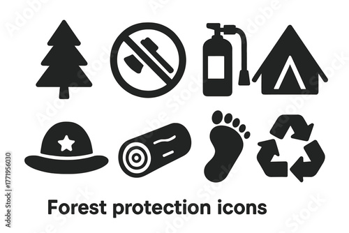 Forest Protection Icons. Solid style icons of forest protection: pine tree, axe crossed out, fire extinguisher, tent, ranger hat,