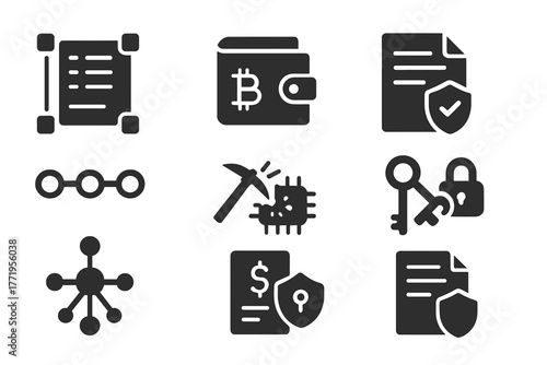 Blockchain Security Icons. Solid style icons of Blockchain Security: digital ledger, crypto wallet, smart contract, hash chain,