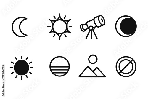 Solar Eclipse Icons. Line style icons of Solar Eclipse: Crescent Shadow, Corona Flare, Telescope Lens, Moon Silhouette, Eclipse