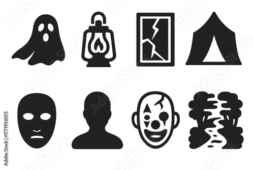 Haunting Icon Collection. Solid style icons of Haunting Atmosphere: ghostly figure, flickering lantern, broken mirror, dark tent,
