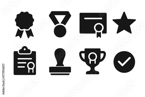 Certification Icons. Solid style icons of certification: ribbon, badge, certificate, star, clipboard, stamp, award, approval check