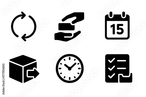 Borrowing and Returning Icons. Solid style icons of borrowing and returning: arrows in a loop, hand passing item, calendar date,