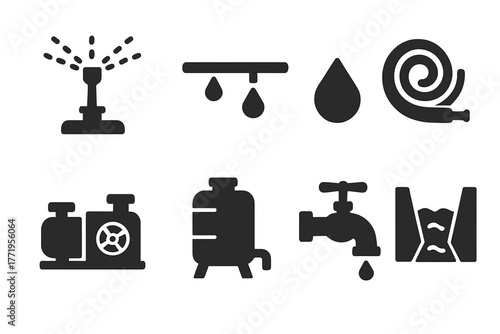 Irrigation System Icons. Solid style icons of irrigation systems: sprinkler, drip line, water droplet, hose reel, pump, tank,