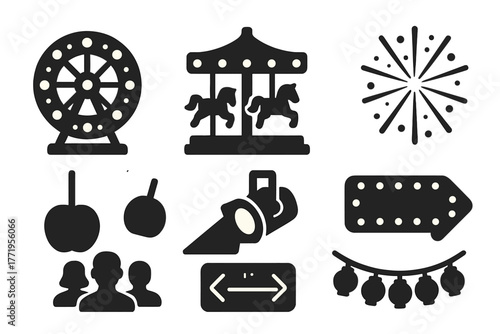 Night Carnival Icons. Solid style icons of Night Carnival: glowing ferris wheel, carousel lights, firework burst, candy apple,