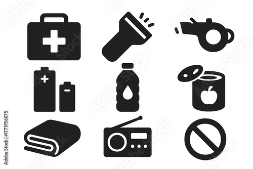 Emergency Kit Icons. Solid style icons of emergency kits: first aid box, flashlight, whistle, batteries, water bottle, canned food