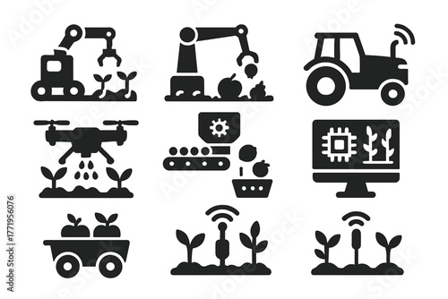 Agricultural Robotics Icons. Solid style icons of Agricultural Robotics: planting robot, harvest arm, driverless tractor, spraying