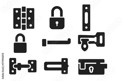 Protective Hardware Icons. Solid style icons of Protective Hardware: door hinge, strike plate, reinforced frame, padlock shackle,