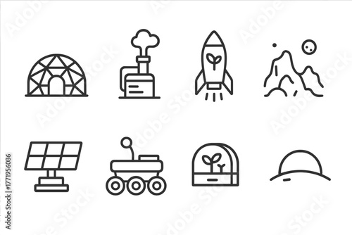 Terraforming Elements Icons. Line style icons of Terraforming: Habitat Dome, Atmosphere Generator, Seed Ship, Alien Terrain, Solar