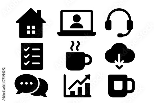Remote Work Essentials. Solid style icons of Remote Work: home office, laptop screen, headset, task list, coffee mug, cloud drive,