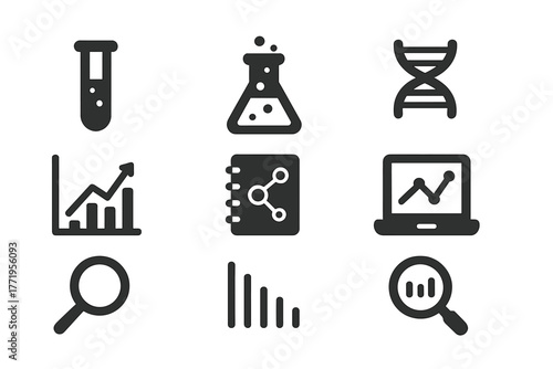 Scientific Analysis Icons. Solid style icons of scientific analysis: test tube, chemical flask, DNA strand, chart, lab notebook,